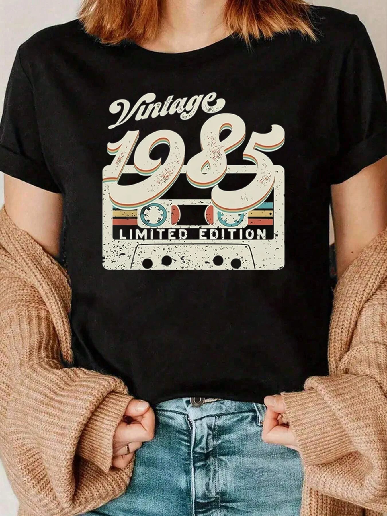 빈티지 1985 한정판 테이프 디자인 티셔츠 여성용 캐주얼웨어 220g