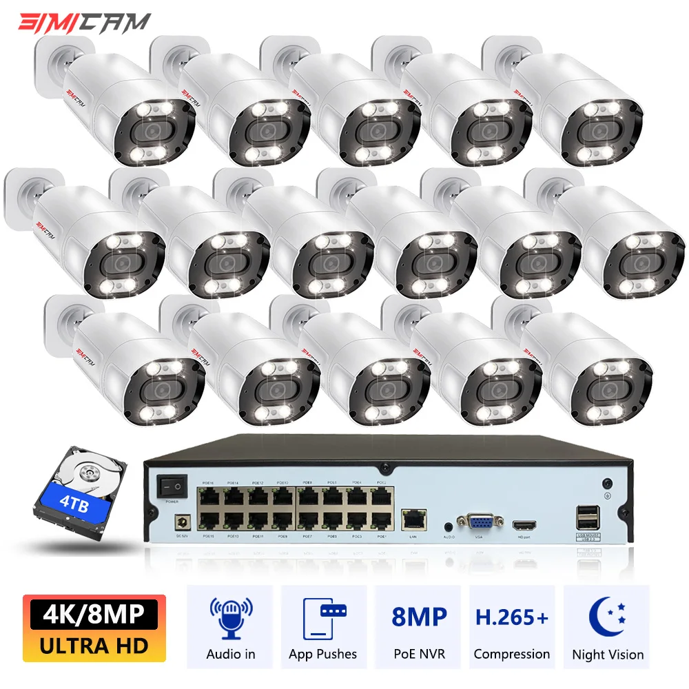 Imagem -01 - Waterproof Security Surveillance System Kit 4k 8mp Poe 16ch Nvr Grupo Metal Bullet Câmera Two-way Audio Night Vision Rua Cor waterproof security surveillance system kit 4k 8mp poe 16ch nvr grupo metal bullet camera two way audio night vision rua cor 01