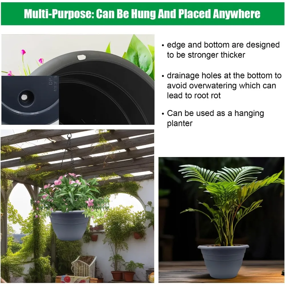 5 Pack 10 Inch Plant Pots for Indoor Outdoor, Plastic Floor Planters with Drainage Holes, Lightweight Flower Pots for Home, Patio & Garden (Grey)