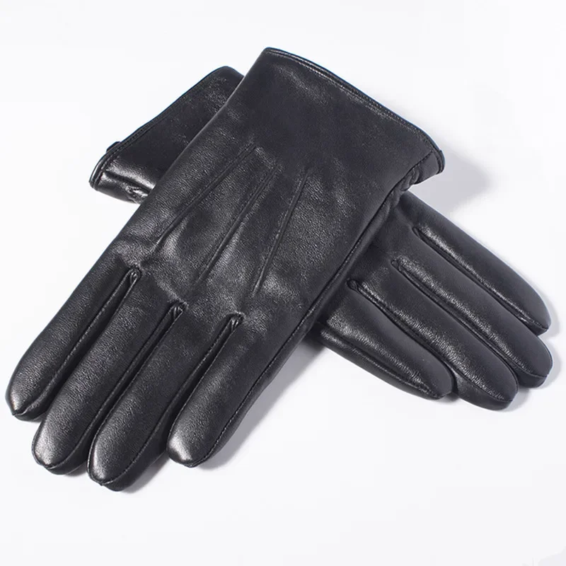 Gours Men\'s Genuine Leather Gloves Real Sheepskin Black Touch Screen Gloves Button Fleece Lining Winter Warm Mittens New GSM050