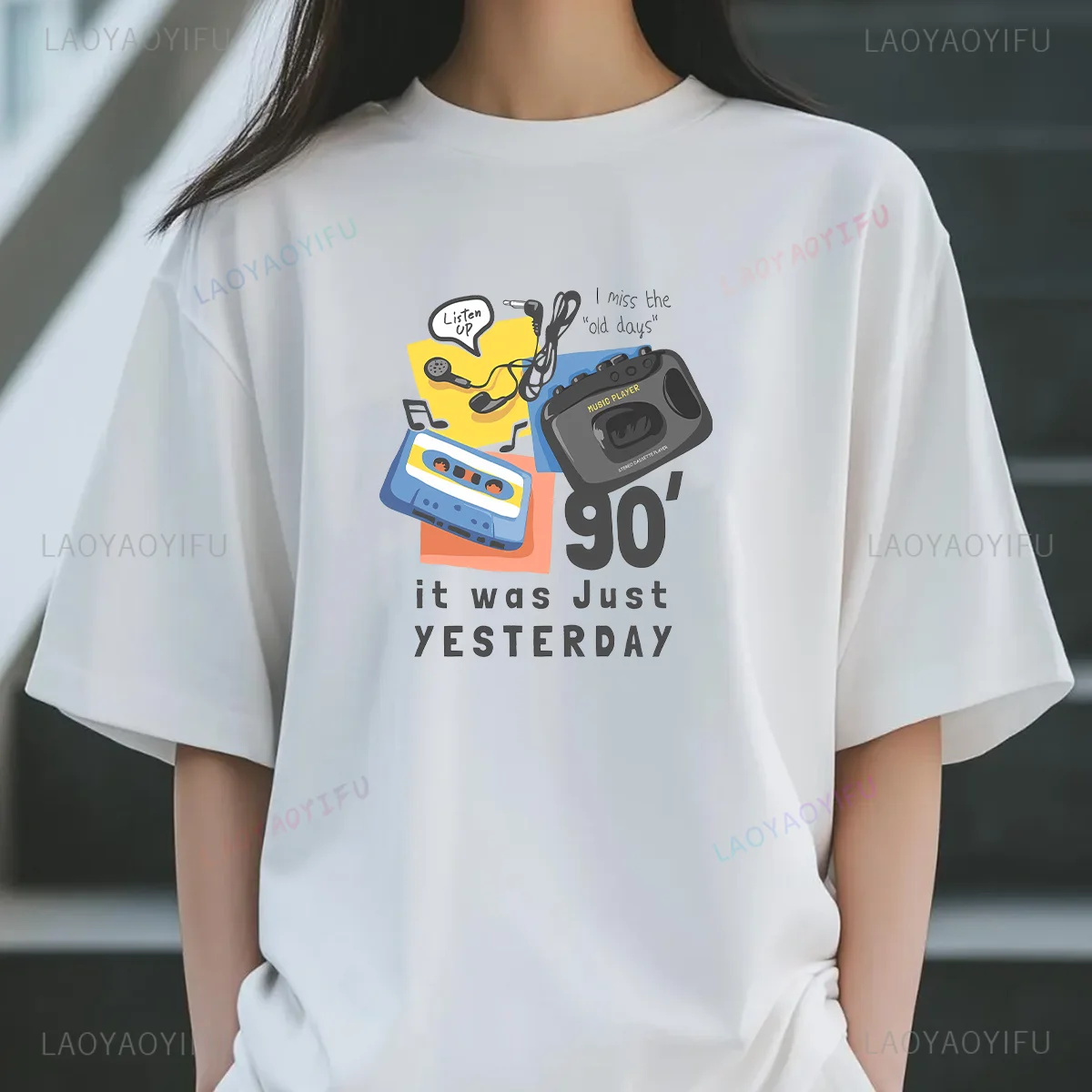 

Винтажная женская футболка 90-х годов, классическая Ropa Mujer, ностальгические топы с аудио лентой и принтом, хлопковая футболка с короткими рукавами и графическим рисунком, Harajuku Retro