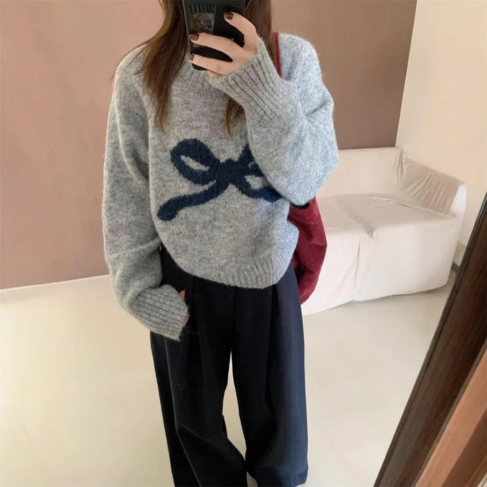 

Comfortable Soft Bow Pullover Sweater Warm Fashion Knitted Sweater Long Sleeve Cute Bow Tie Sweater New Year