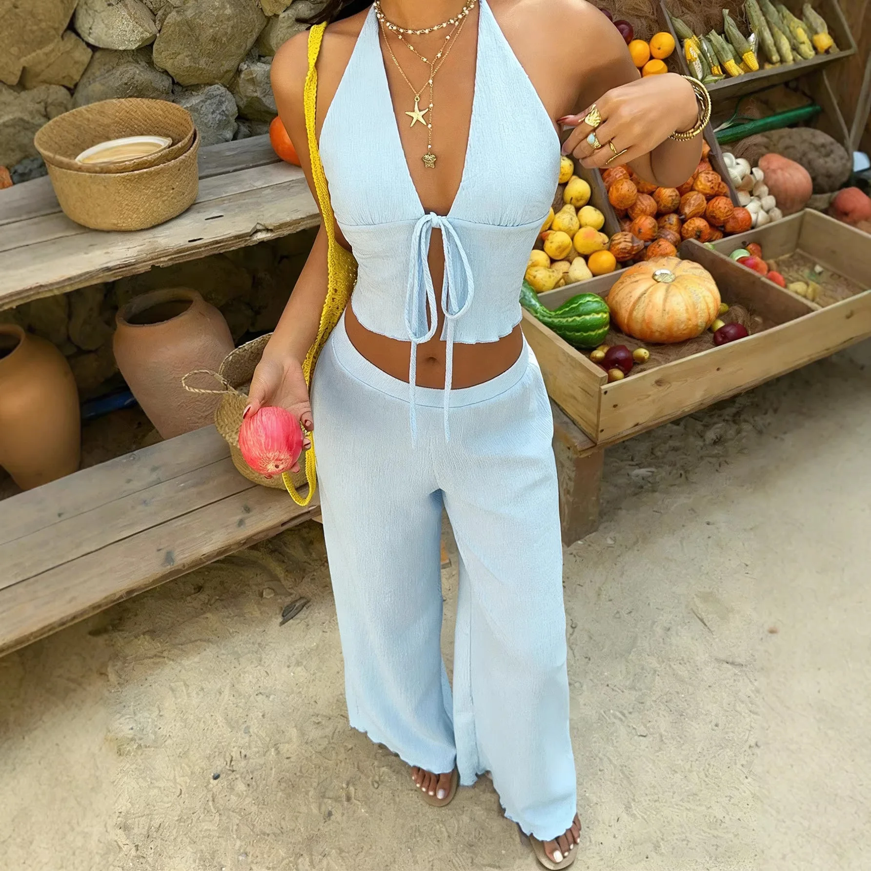 Lazy Vacation Style Women 2 Piece Set Halter Crop Top High Waist Wide Leg Pants