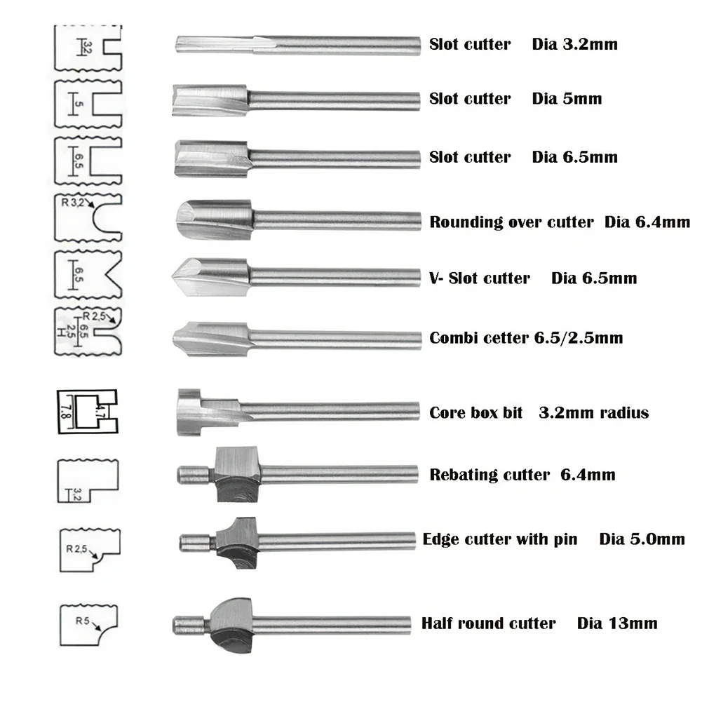 10pcs HSS Router Bits Wood Cutter Milling Fits Dremel-Rotary Tool Set 1/8\