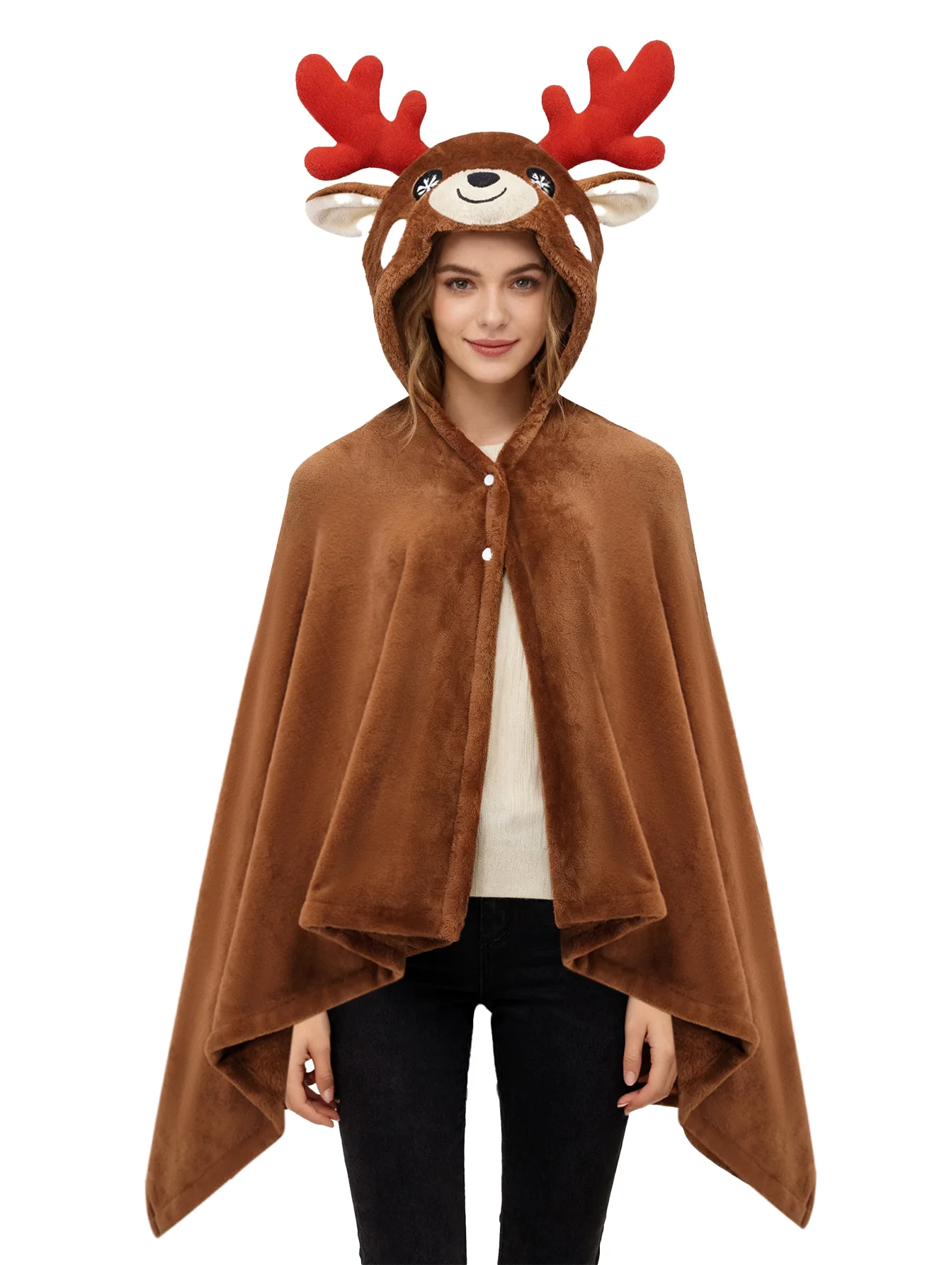 Christmas Reindeer Hooded Cape for Adults Plush Fleece Poncho Xmas Cosplay Costume Winter Warm Shawl Party Holiday One Size