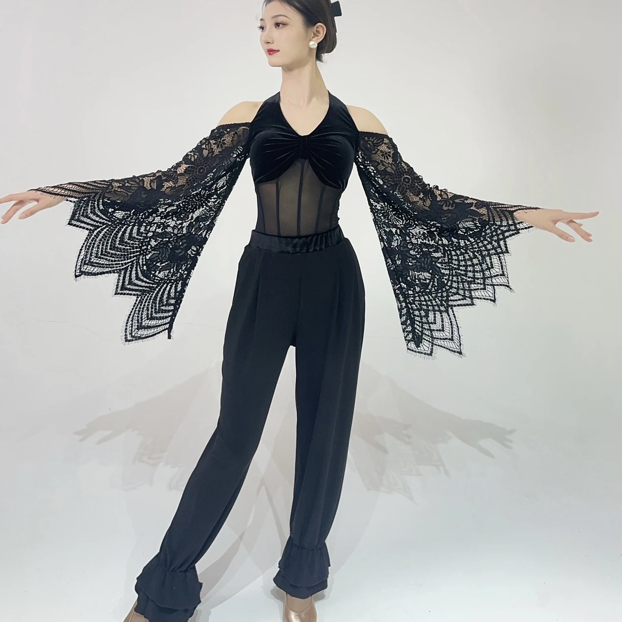 2026 dança de salão rendas queimado mangas topos feminino valsa dança desempenho traje baile social dança de salão roupas bl18314