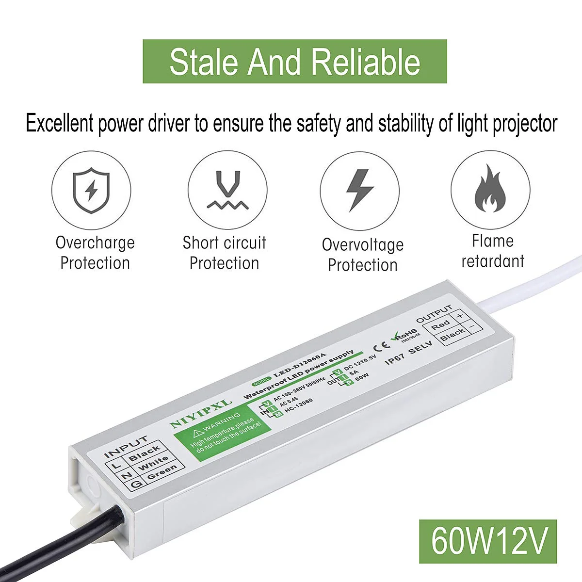 IP67 مقاوم للماء إمدادات الطاقة محول الإضاءة في الهواء الطلق AC100V-260V إلى تيار مستمر 12 فولت LED سائق 60 واط الطاقة LED سائق لشريط LED