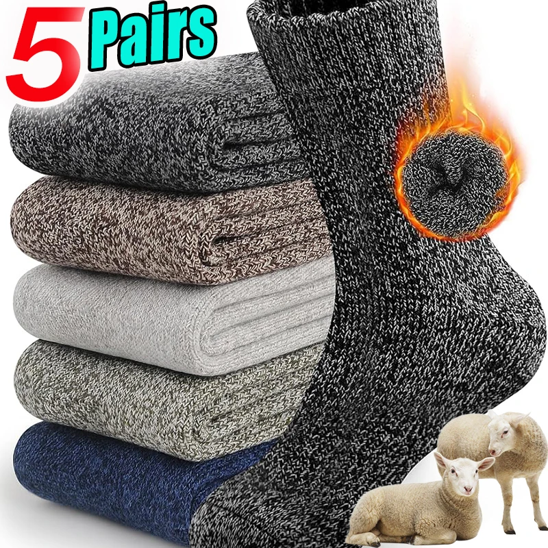 5Pairs Men's Winter Warm Thick Towel Bottom Man Socks Wool Male Socks Slipper Sock Merino Wool Sock Against Cold Snow Socks