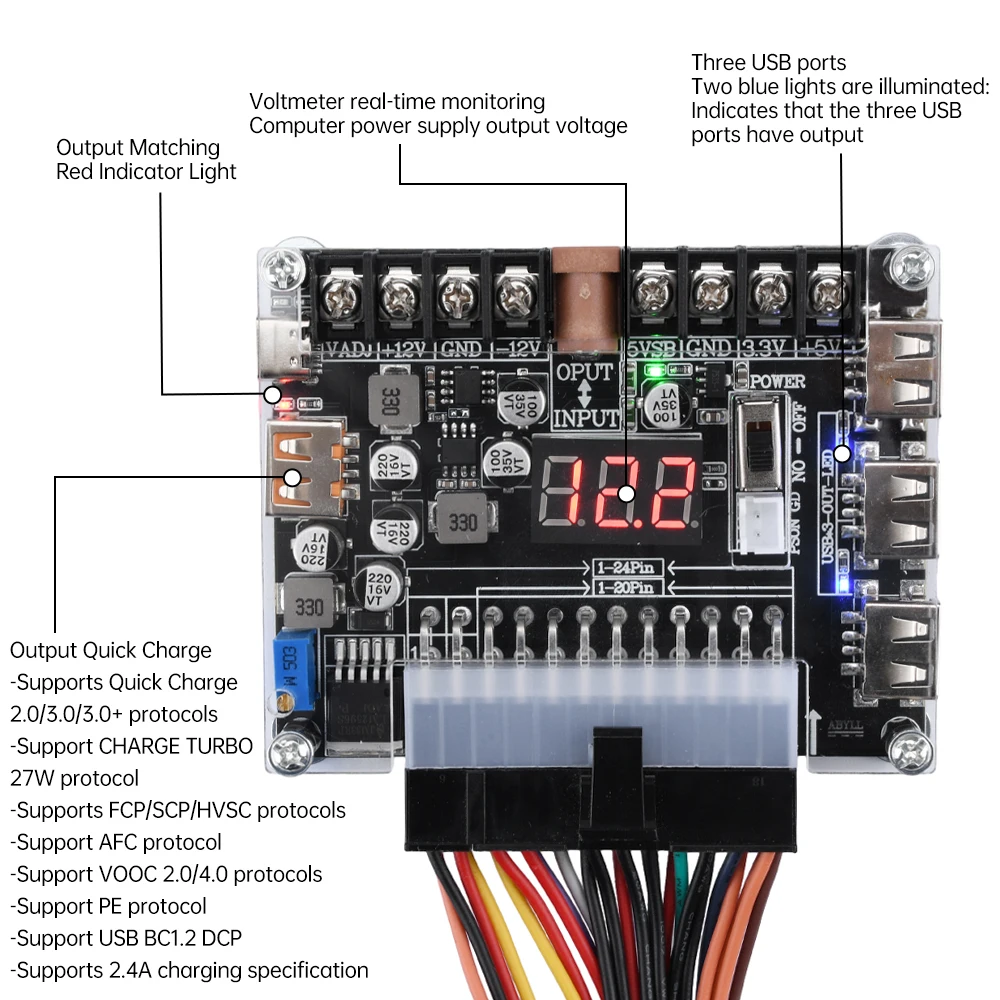 20/24 Pin Atx Power Adapter Board, Power Module Adapter, einstellbare Spannung mit roter Digitalanzeigeunterstützung für Pd2.0/Pd3.0