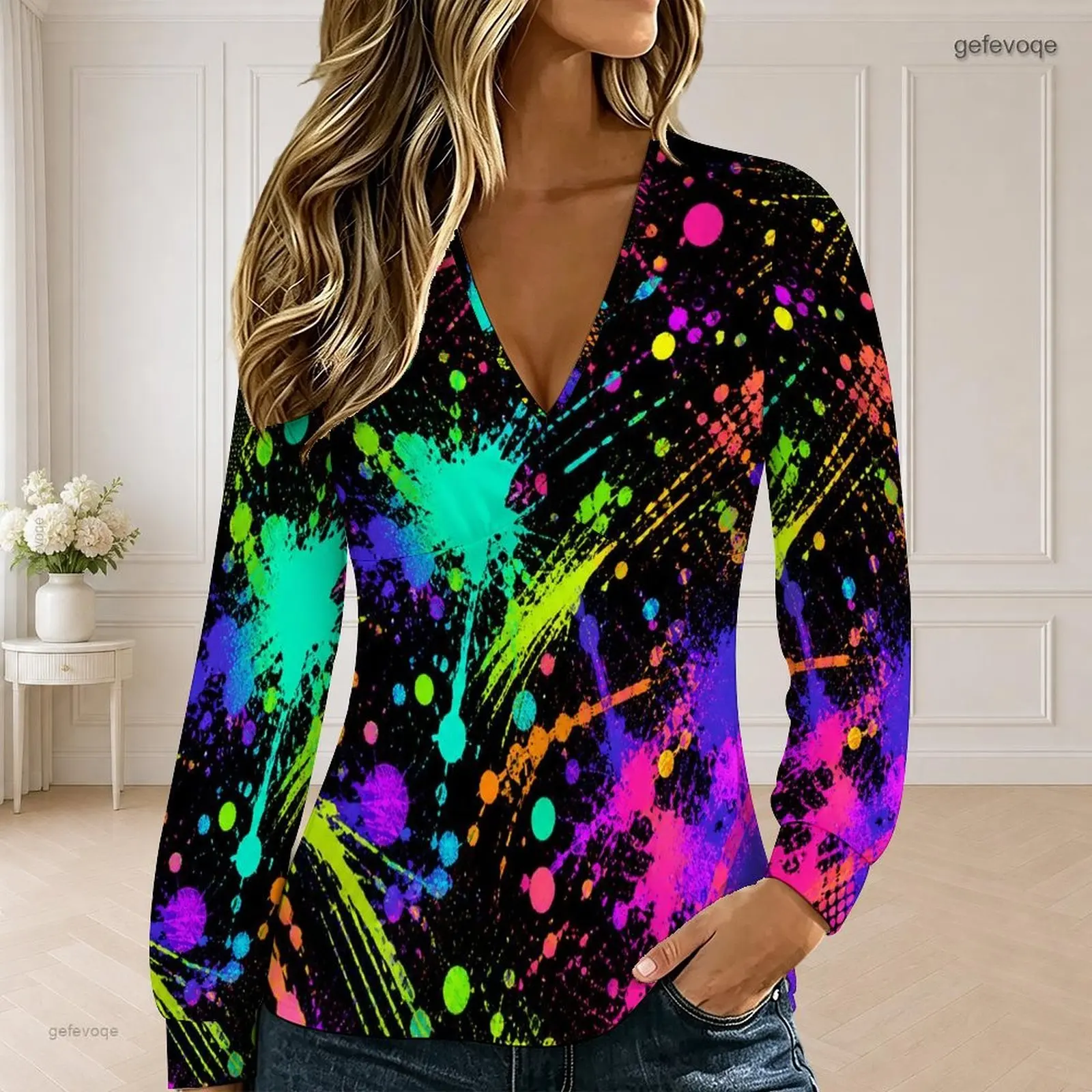 Women V Neck Long Sleeve Neon Paint Splatter Printed Top