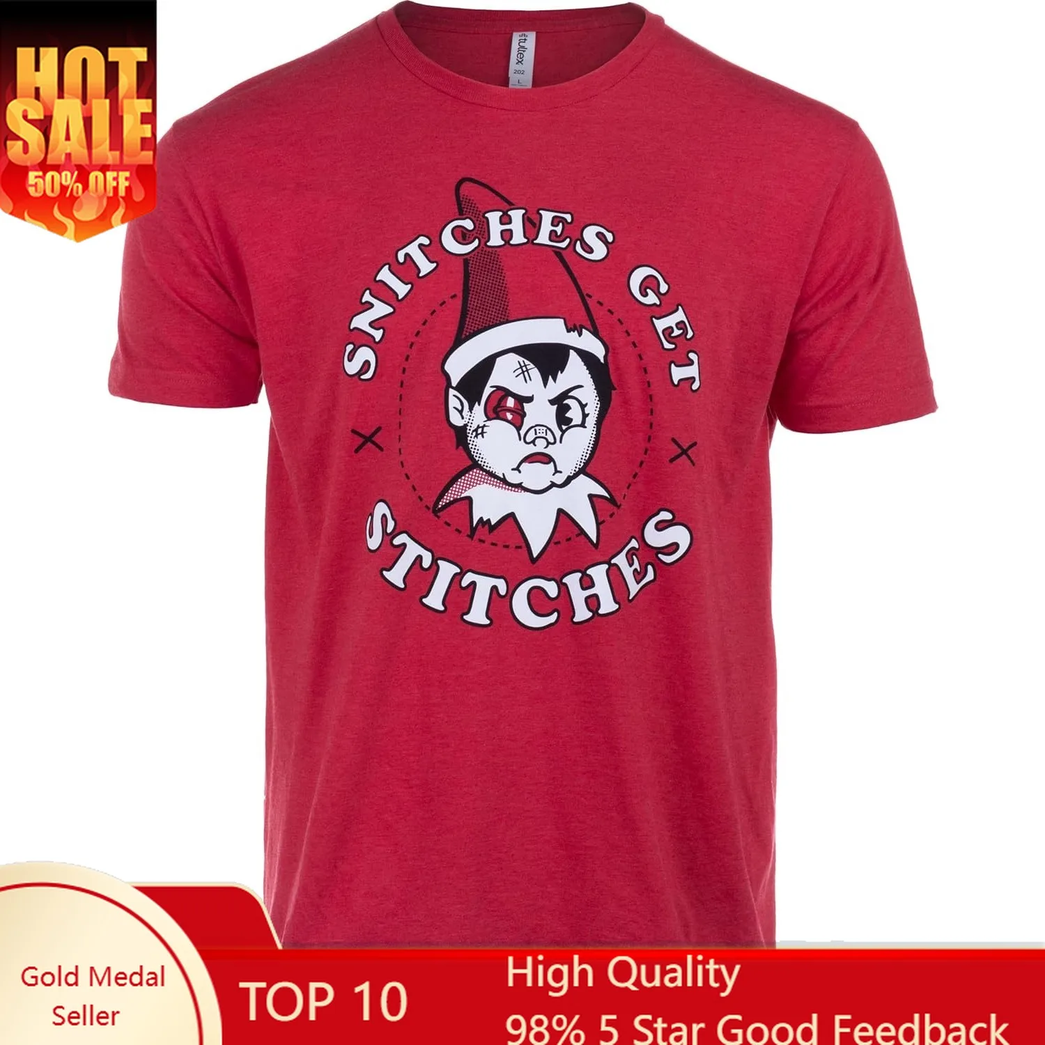 Snitches Get Stitches T-Shirt - Funny Christmas Elf X-mas Sweater Shelf Holiday Novelty Tee Shirt for Men Women