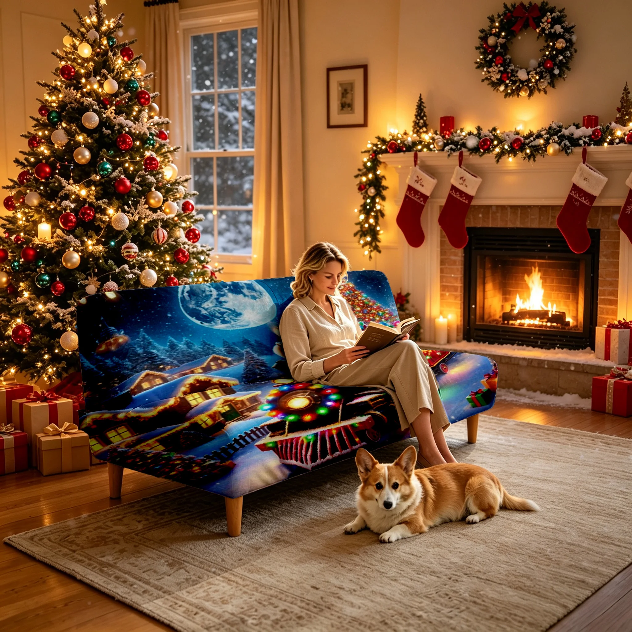 1PC Christmas Santa Train Snow View Village Printed Elastic Folding Sofa Bed Cover Holiday landscape Decoration Armless Sofa Bed