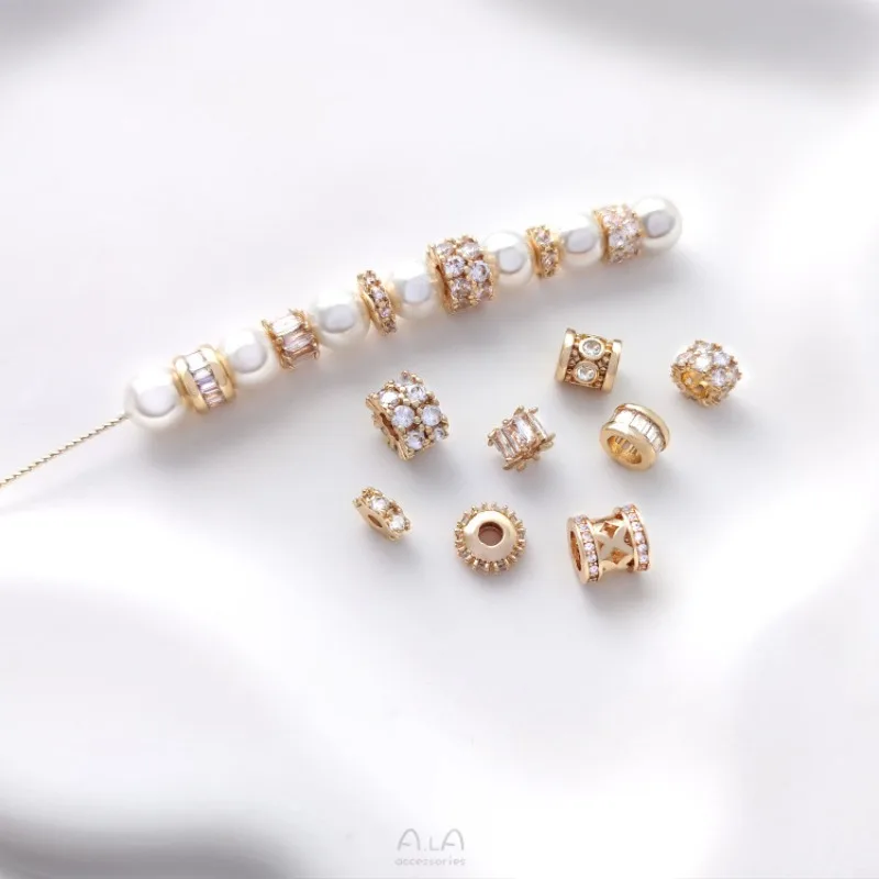 14K Gold-plated Inlaid Zircon Large Hole Bead Bucket Bead Passepartout Pendant DIY Bracelet Necklace Jewelry Accessories