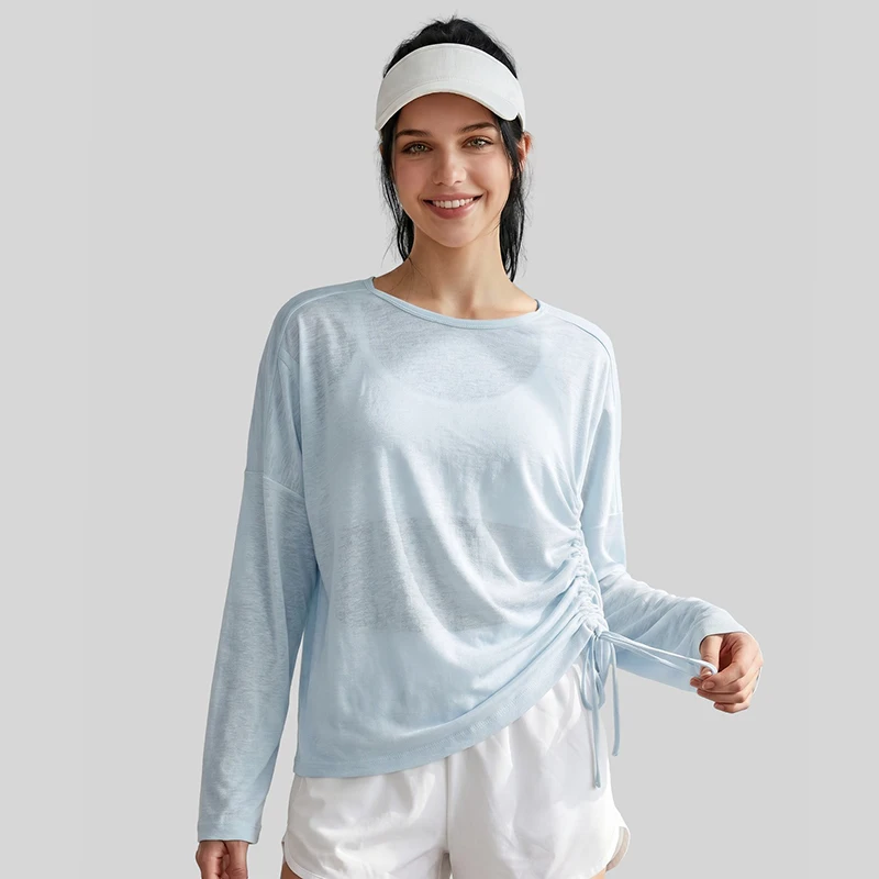 Women Side Waist Drawstring Long Sleeve Yoga Apparel Stretchy Naked Feeling Sports Top Slim Fit Breathable Fitness Cover Up