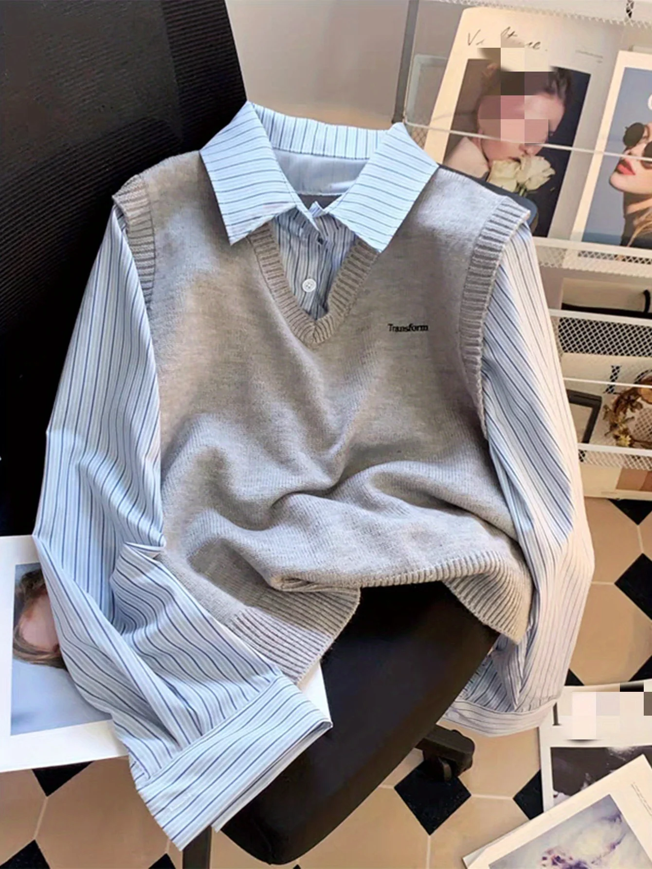 Neue Herbst/Winter Mode Gestreifter Farbblock-Kragen 2-in-1 Look Pullover Sweater Jacke
