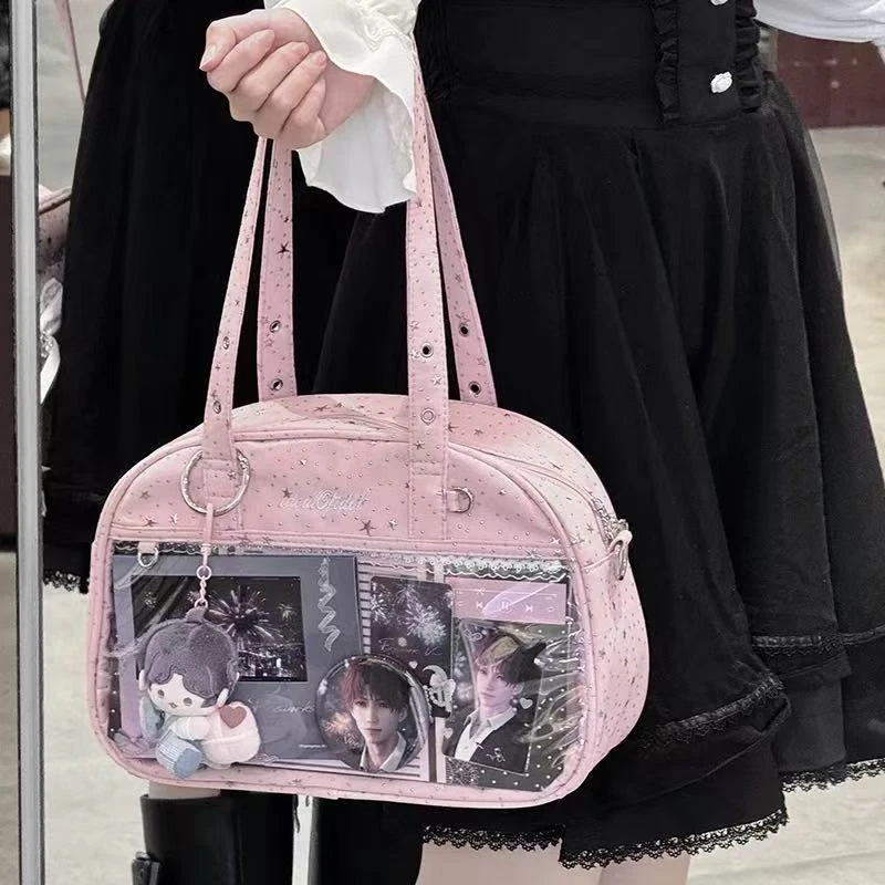 Dopamine Star Print Large Capacity Ita Bag,Cute Kawaii Crossbody Shoulder Purse,Clear Window Tote for Badge,Y2k Harajuku Handbag view 3