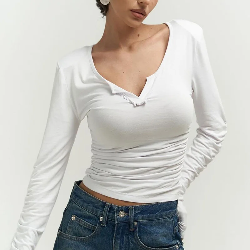 Женские футболки с длинным рукавом, весенне-осенние узкие эластичные футболки с v-образным вырезом, женские однотонные тонкие топы, шикарные уличные плиссированные пуловеры