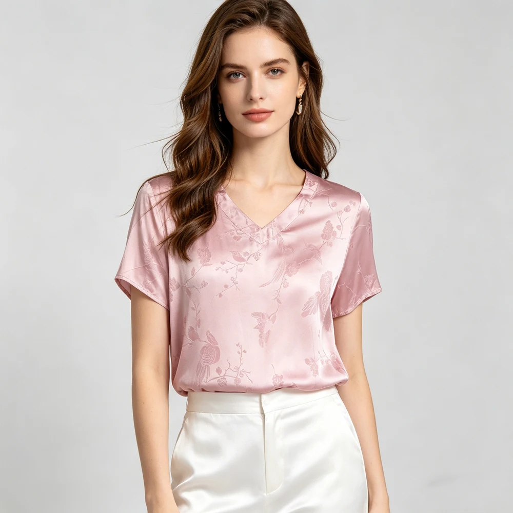 Women's Fashion Summer New Heavy Weight 28MM 100% Natural Mulberry Silk Jacquard Satin V-neck Black Short Sleeved T-shirt