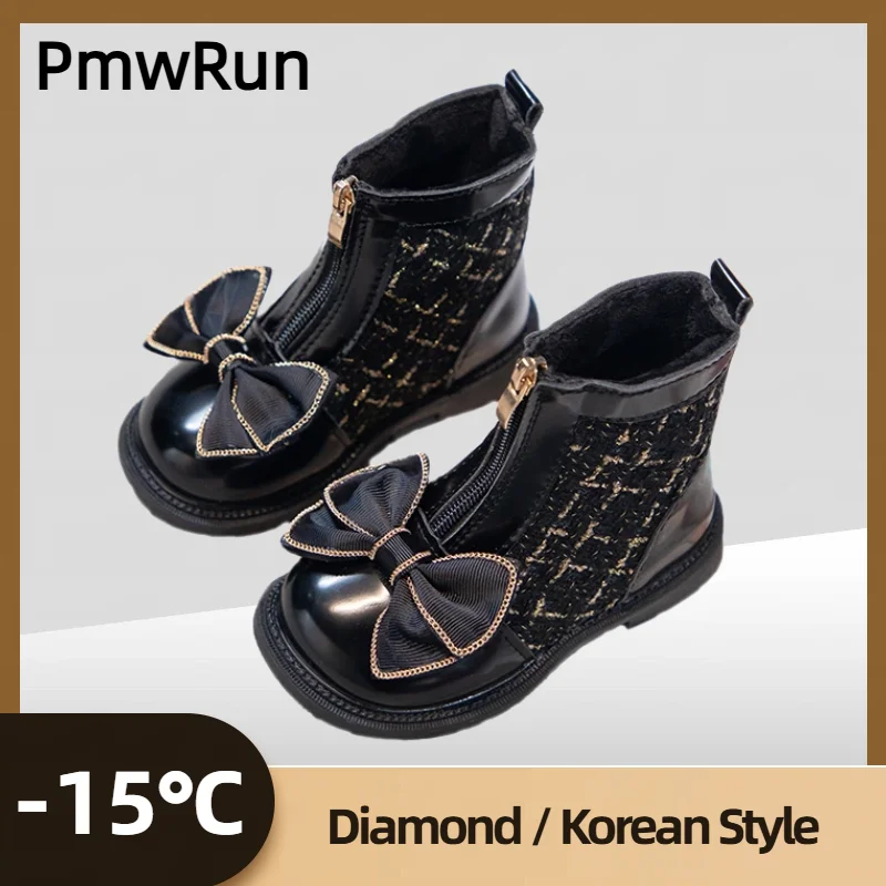 

Зимние ботинки в корейском стиле для девочек, детские плюшевые зимние ботинки с милым бантом для подростков, элегантные женские теплые ботинки принцессы на низком каблуке для девочек