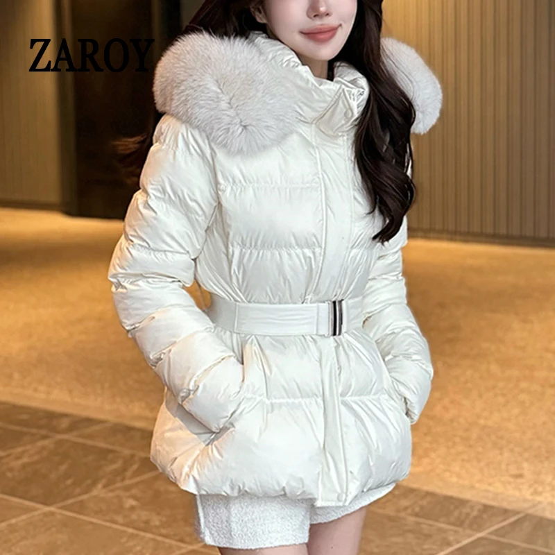 ZAROY Wintermantel mit Gürtel für Damen, Pelzkapuze, Gesteppte Baumwolljacke, Modische Elegante Streetwear-Oberbekleidung, Ski-Parka – Bild 4