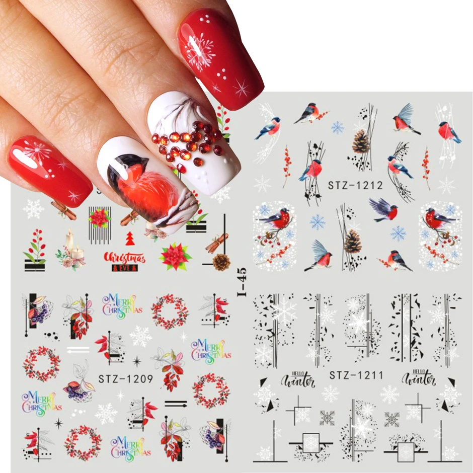 Cute Christmas Stickers Red Santa Claus Penguin Winter Manicure 4 in 1 Xmas Snowflake Leaf Water Nail Decals Tattoo DIY Decor