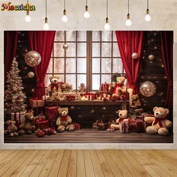 Mocsicka Christmas Background Red Curtains Window Bear Gifts Box Wooden Floor Baby Child Photography Backdrop Photo Studio Props