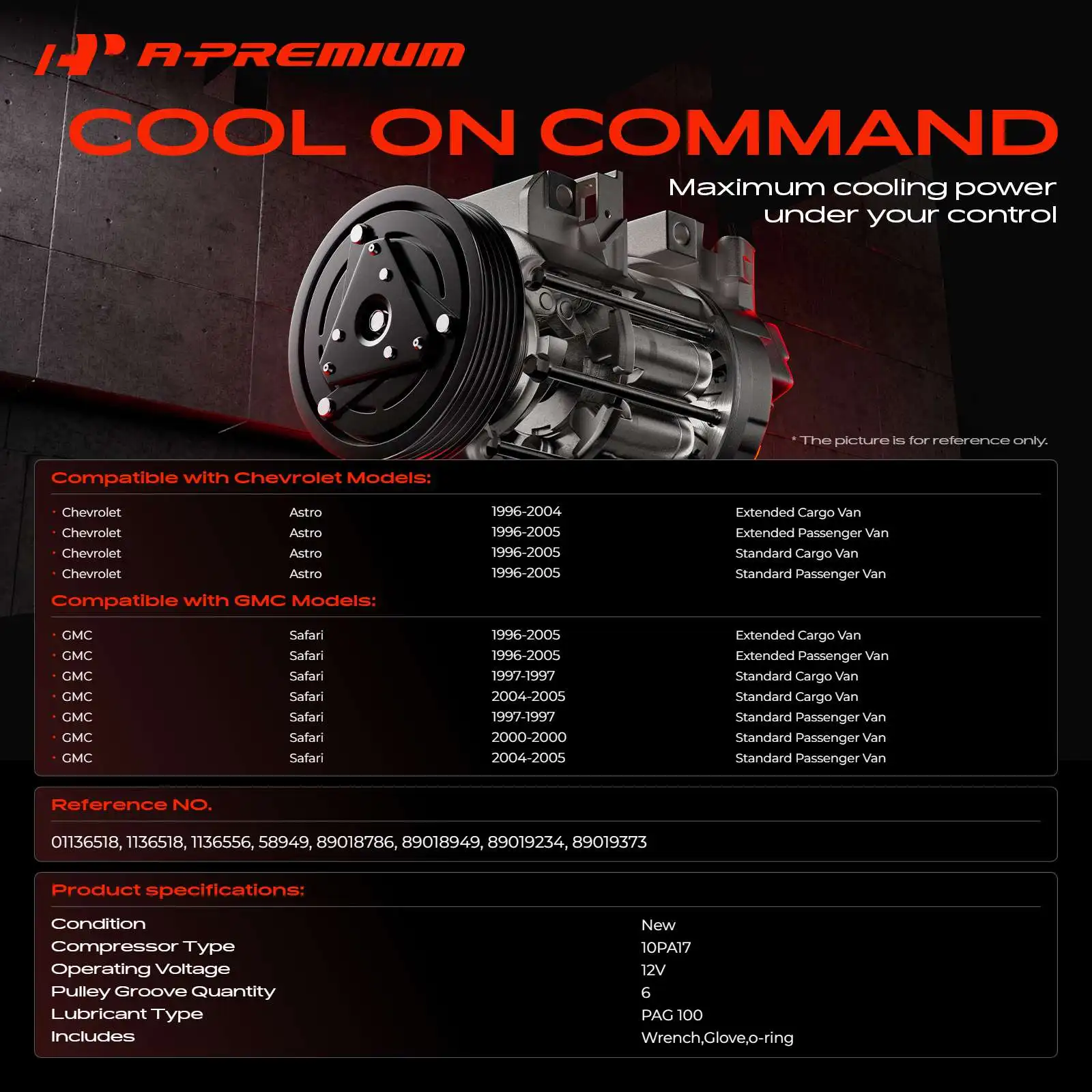A-Premium AC Compressor with 6-Groove Pulley for GMC Safari 1996-2005 Chevrolet Astro 1996-2005