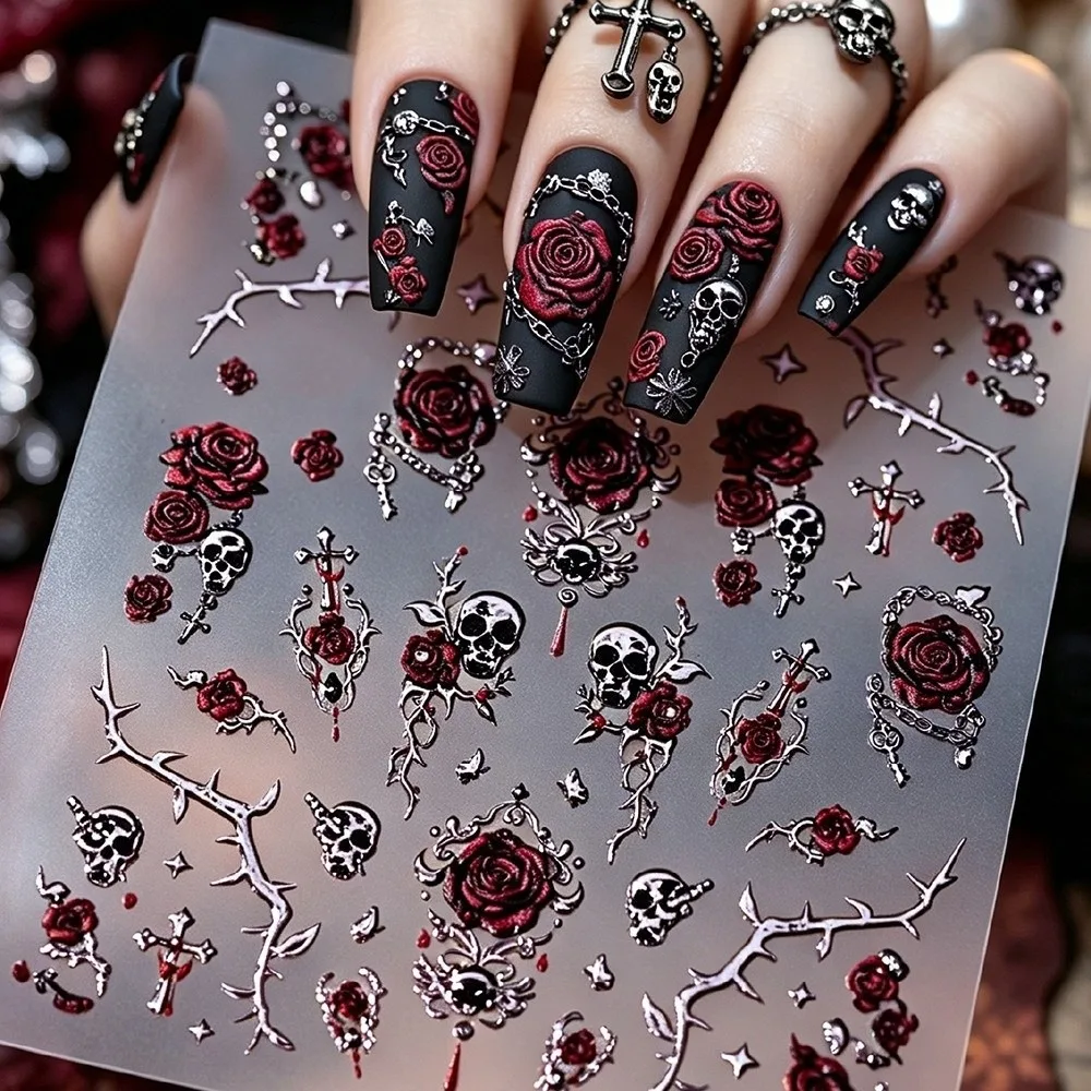 Self-adhesive Blood Rose Nail Stickers Metal Gold Halloween Nails Nail Art Stickers Gold Silver Y2k Punk Style