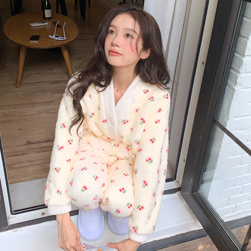 Coral Fleece Pajama Sets Women Warm Cherry Print Sweet Sleepwear Casual Thicken Plus Velvet Lounge Soft Home All-match Students