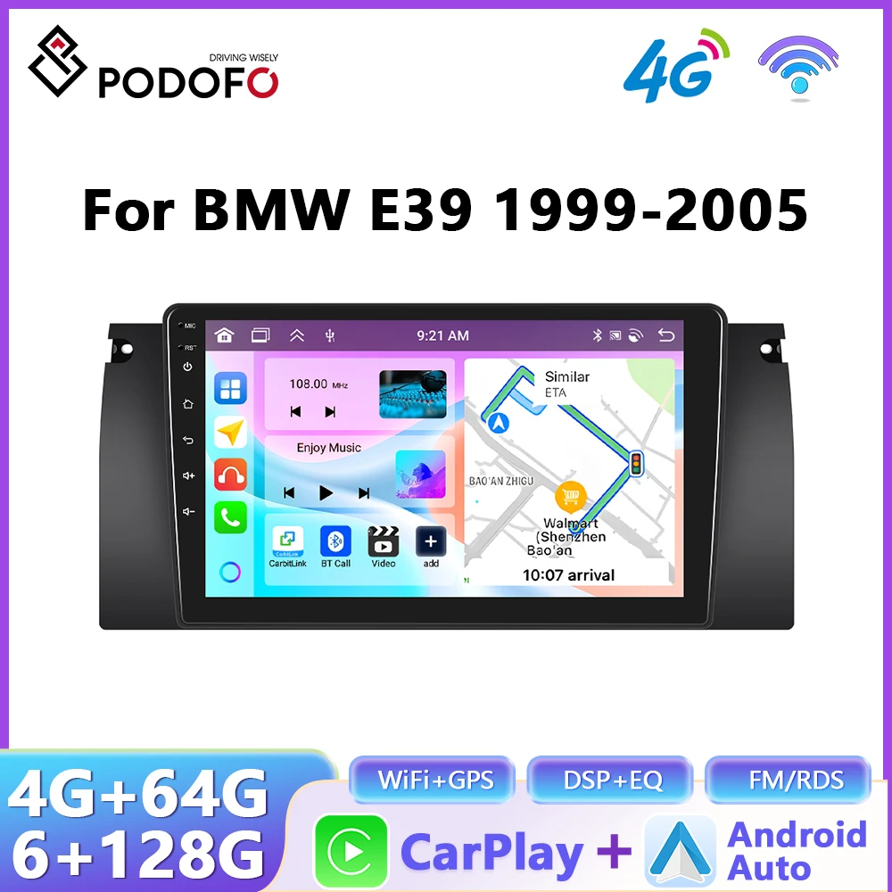 Radio para Auto Podofo con CarPlay y Android Auto para BMW E39 1999-2005, Sistema Inteligente para Auto, Unidad Principal Estéreo 2Din con GPS, Reproductor Multimedia