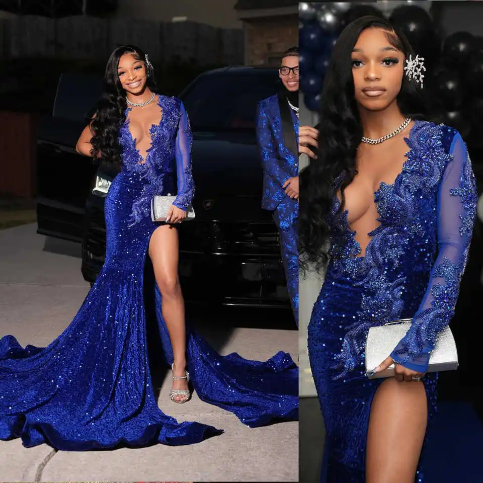

Shinny Mermaid Dresses Sheer Long Sleeves Deep V-neck Slit Crystal Appliques Wedding Party Royal Prom Dress Customized