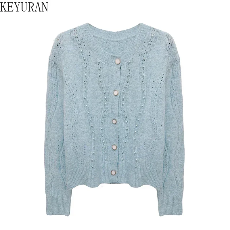 2024 Spring Autumn Knitted Cardigan Women Fashion Casual O-neck Long Sleeve Single Breasted Peals Beading Sweater Knitwear Tops