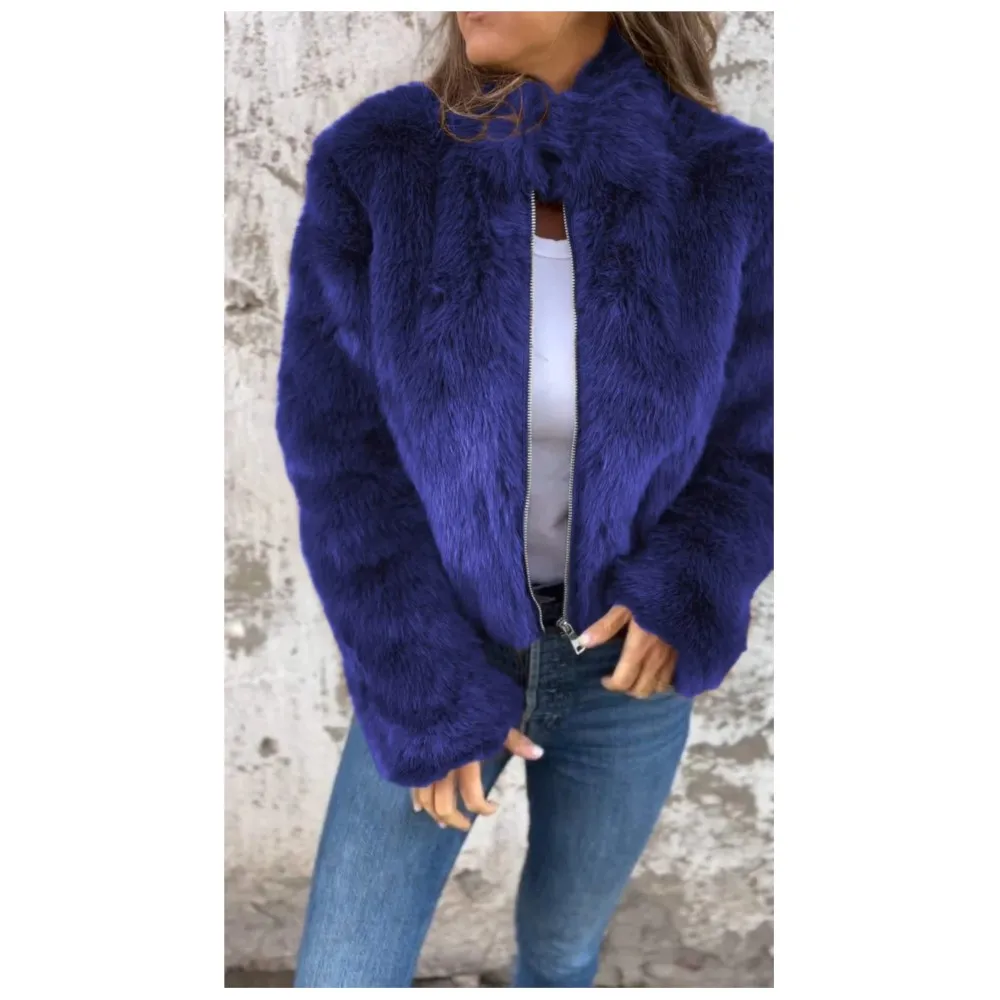 2025 여성 재킷 코트 신상 가을 겨울 인조 모피 터틀넥 단색 숏 코트 지퍼 캐주얼 탑 재킷