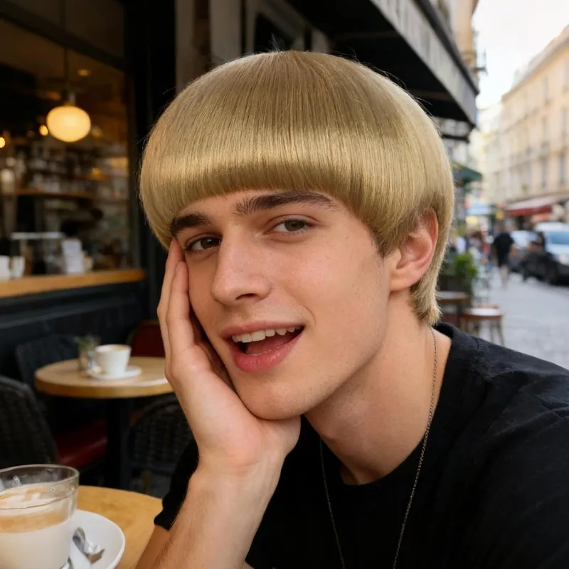 Short Blonde Bowl Cut Wig Blonde Mushroom Wigs Mens Bob Wig for Men Outfit 60s 70s Blond Bob Hair With Bangs Halloween Party view 6
