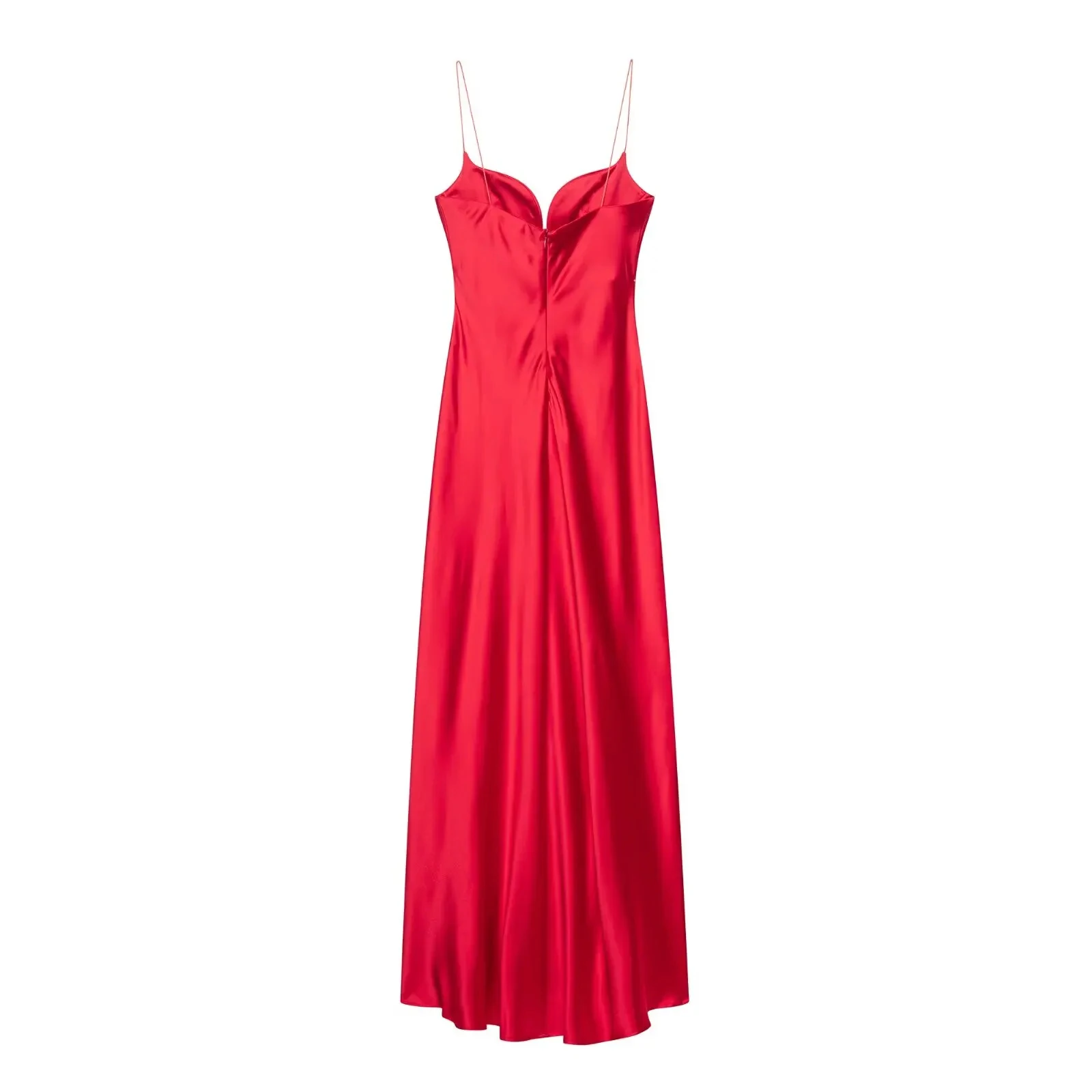 HH Vestido midi feminino elegante para festa à noite, textura de cetim, plissado, sem mangas, decote em V, zíper traseiro, moda sólida, vestidos tipo estilingue