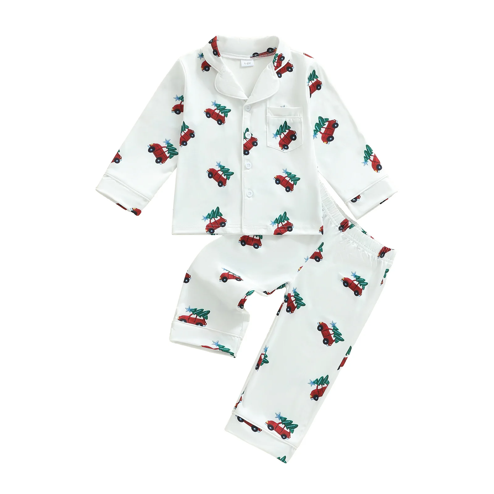 

Little Girl Boy Christmas Pajamas Set Truck Tree Print Long Sleeve Button-up Tops and Pants 2 Piece Sleepwear Outfit