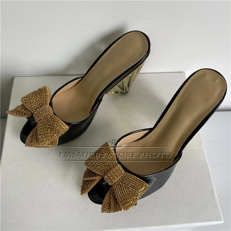 Jeweled Butterfly-Knot Slingbacks Mules Summer Unique Spike Heel Patent Leather Slim Modern Sandals Women