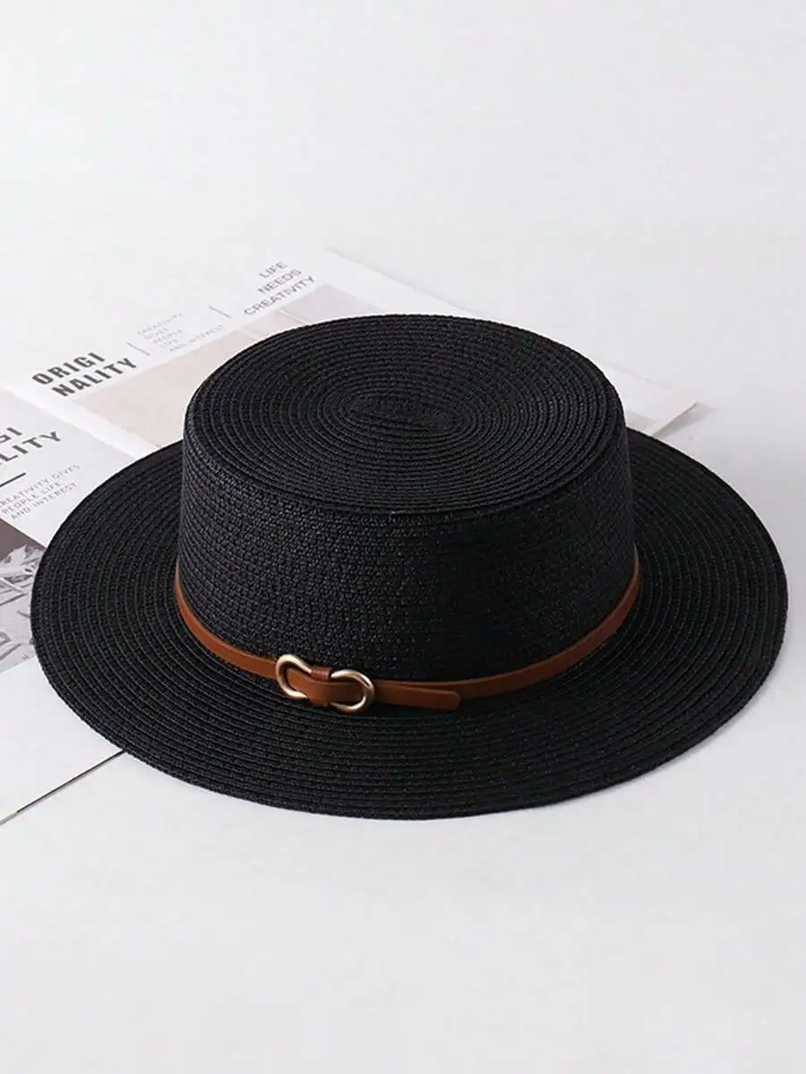 

Womens Summer Sun Hat Minimalist British Style Flat Top Straw Hat With Belt For Beach Holiday