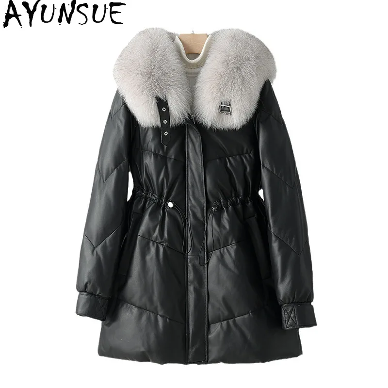 AYUNSUE Veste en cuir de mouton 100% véritable pour femme, manteau en duvet d'oie blanche, col en fourrure de renard, vestes en cuir de mode coréenne, 90%