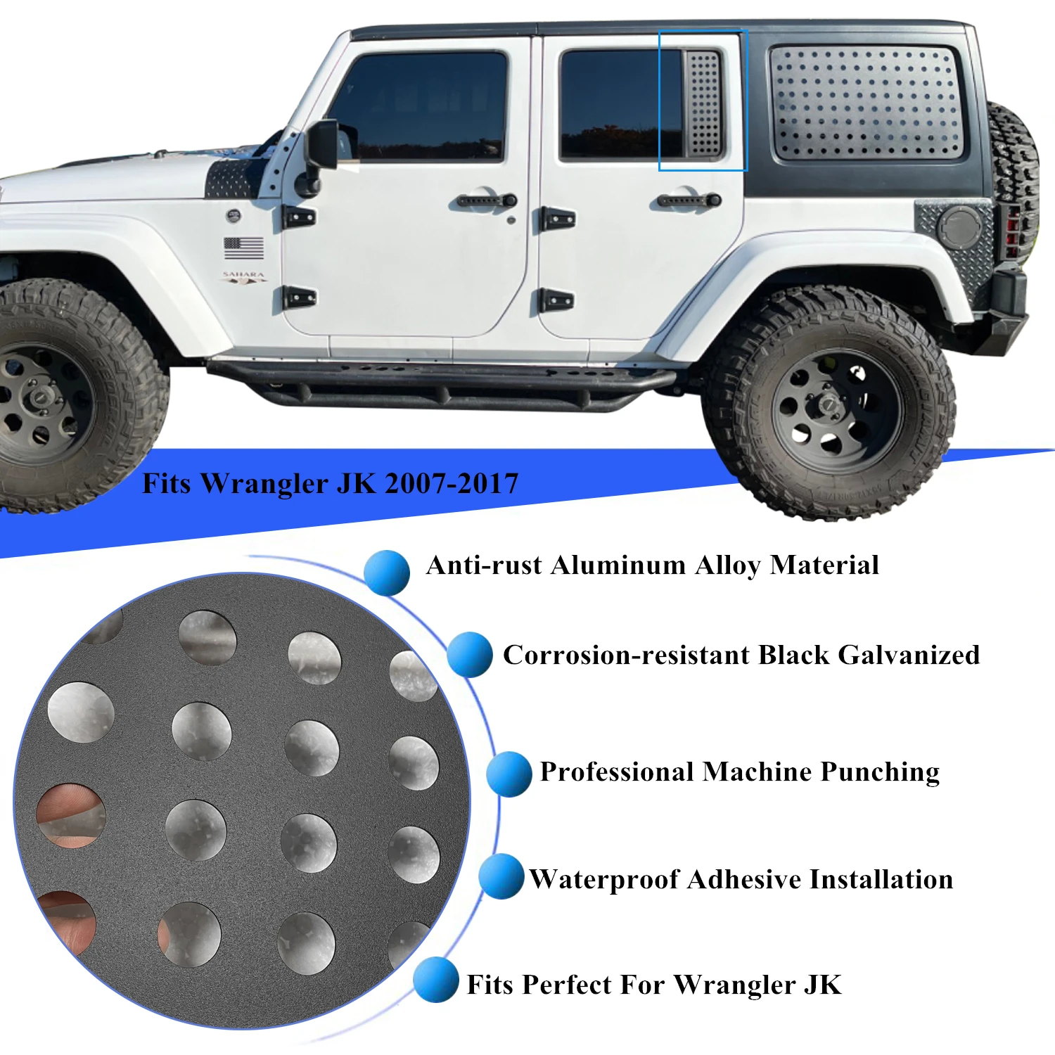 for Jeep Wrangler JK 2007-2017 4-Doors Rear Car Door Triangle Glass Panel Trim Cover Decoration Panle Auto External Accessories