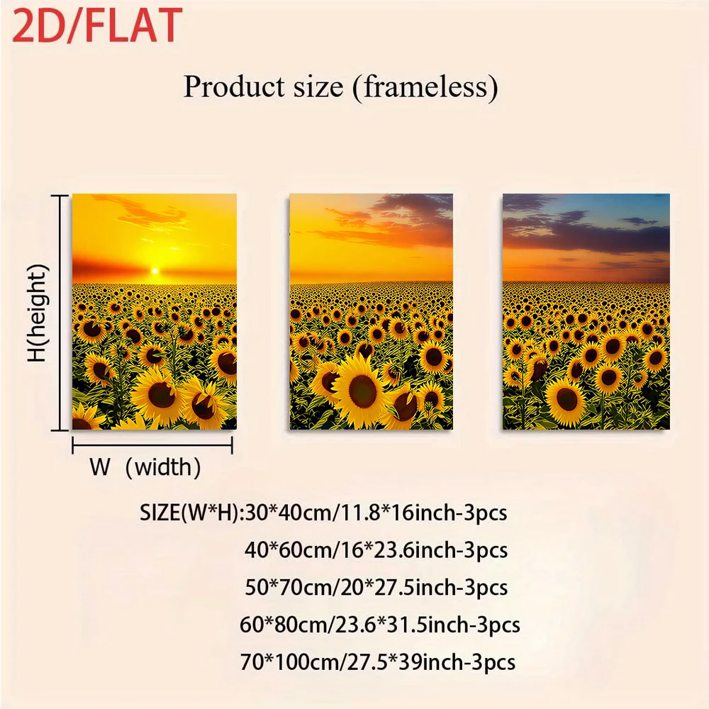 1 set of three frameless decorative paintings depicting a sunflower field at sunset; minimalist art style; 2D flat design.