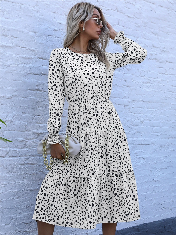 Msfilia Spring Summer Light Mature Leopard Print Halter Full Sleeve Dress Women Fashion O Neck Loose All Match Long Dresses