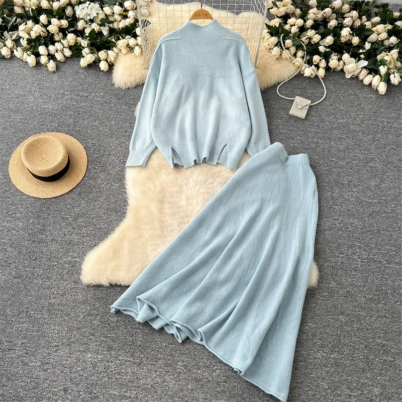 Casual Two-piece Set for Women Leisure Knitted Sweater and High Waisted Midi Skirt Autumn Winter Loose Long Sleeved Tracksuit