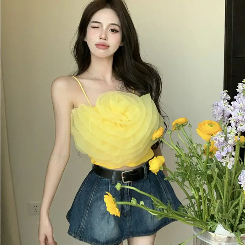 Elegant Women Floral Spaghetti Strap Crop Tops Sexy 3D Floral Organza Ruffles Camisole Streetwear Nightclub Party Tank Tops