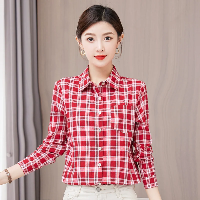 New Female Spring And Autumn Korean Edition Loose Versatile Checkered Shirt Women\'S Long Sleeved Fashion Pure Cotton Casual Top