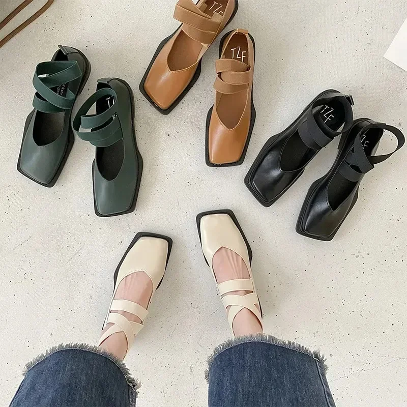 Low Heels Ballerinas Woman 2023 Square Toe Casual Female Sneakers Flat Shoes Soft Shallow Mouth Comfortable Retro Ballet Dress