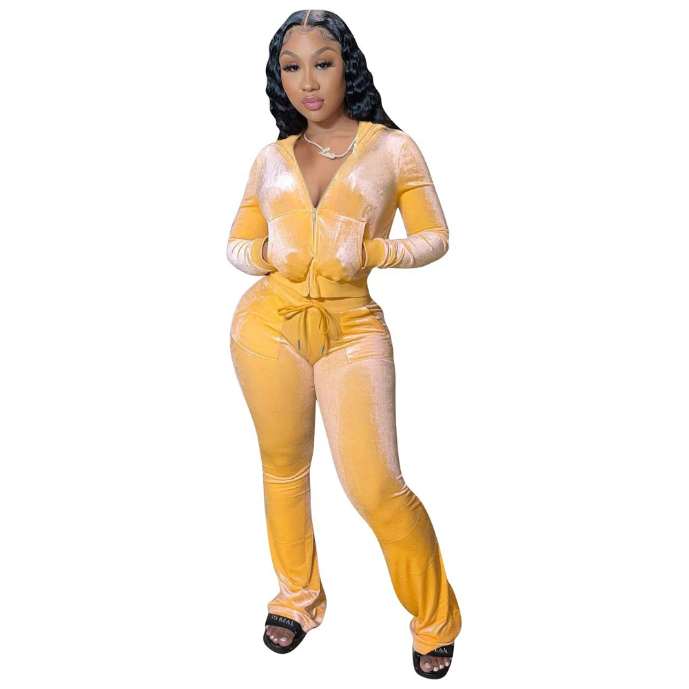 JENYAGE Damen Y2K Einfarbiger Velours Zweiteiler Trainingsanzug mit Reißverschluss-Kapuzenjacke und ausgestellter Hose mit Kordelzug, lässiger Jogginganzug – Detail 7