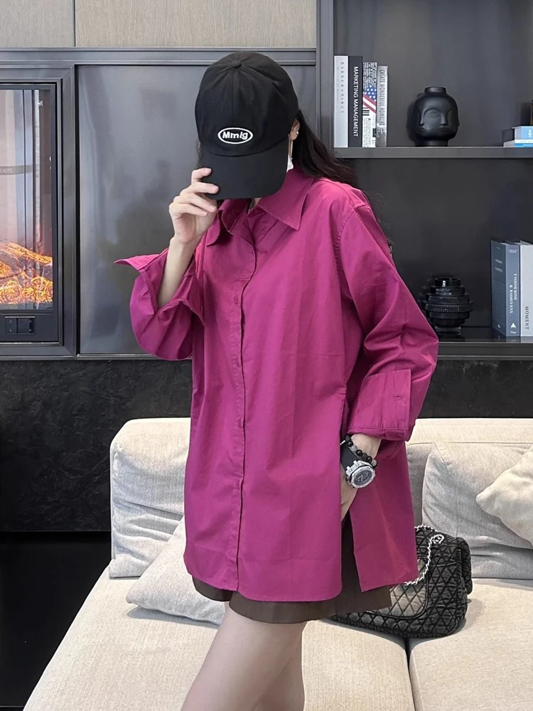 

2025 New Full Sleeve Oversize Women Long Shirt Casual Split Button Up Blouse Turn Down Collar Solid Color Female Clothing
