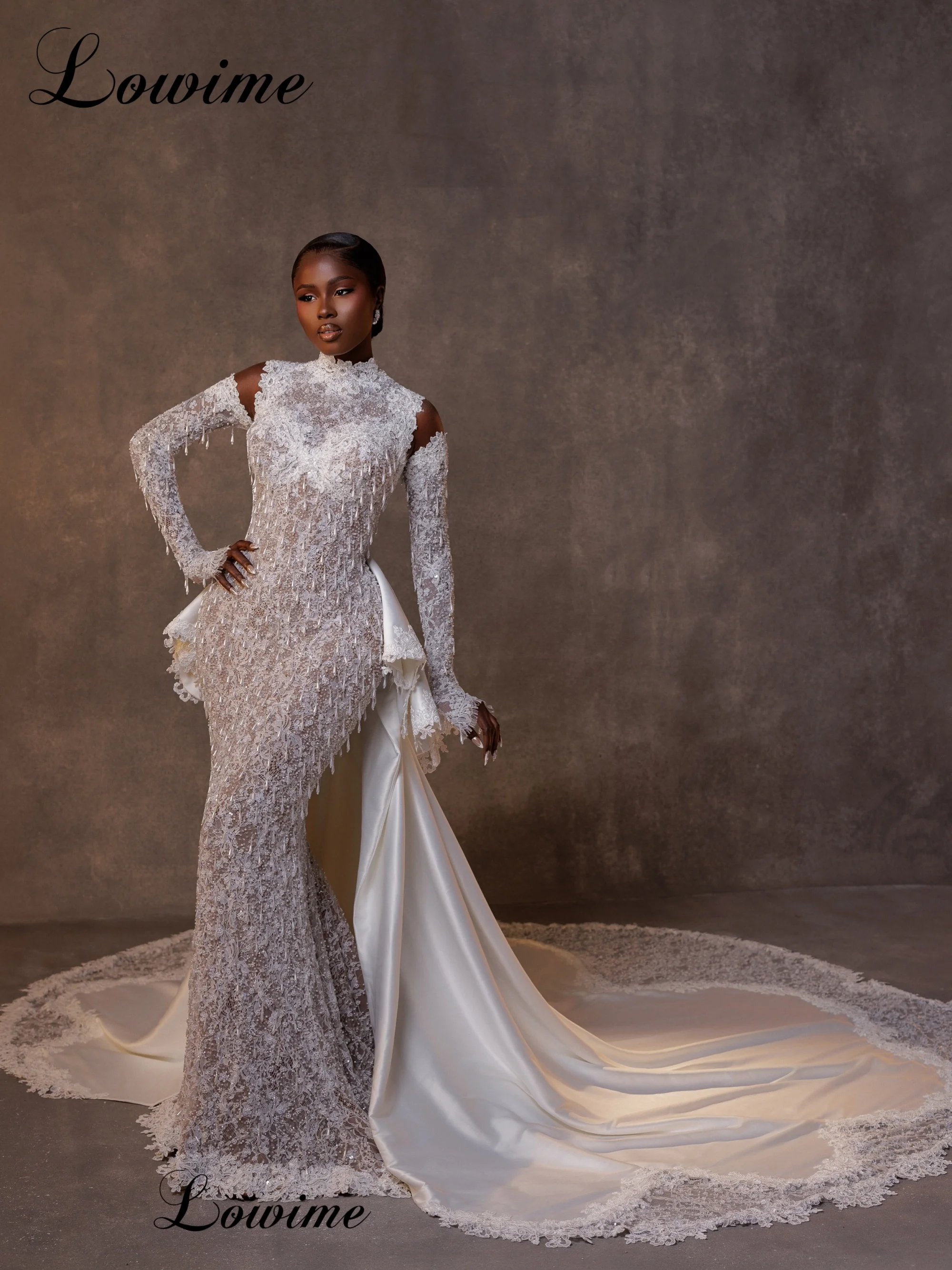 High Fashion Beige Lace Wedding Dresses With Detachable Train HIgh Neck Brides Dresses Elegant 2027 Vestidos De Novia Customized