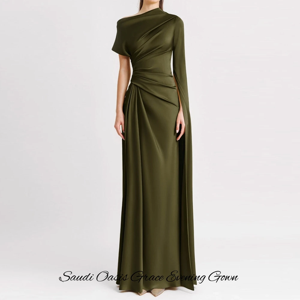 فستان سهرة من الساتان الأخضر الحديث مخصص بسيط برقبة دائرية وأكمام طويلة فستان حفلات عالي الجودة مستقيم للمشاهير